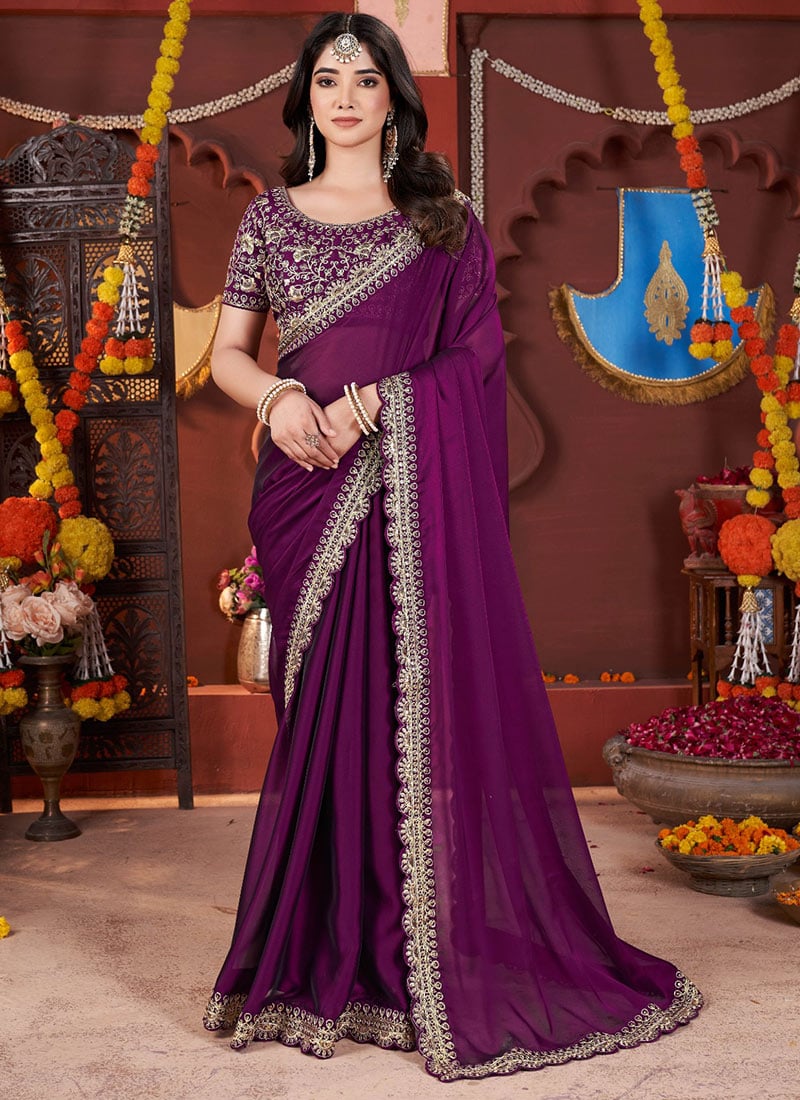 Regal Purple Silk Zari Embroidered Saree Festive Wear