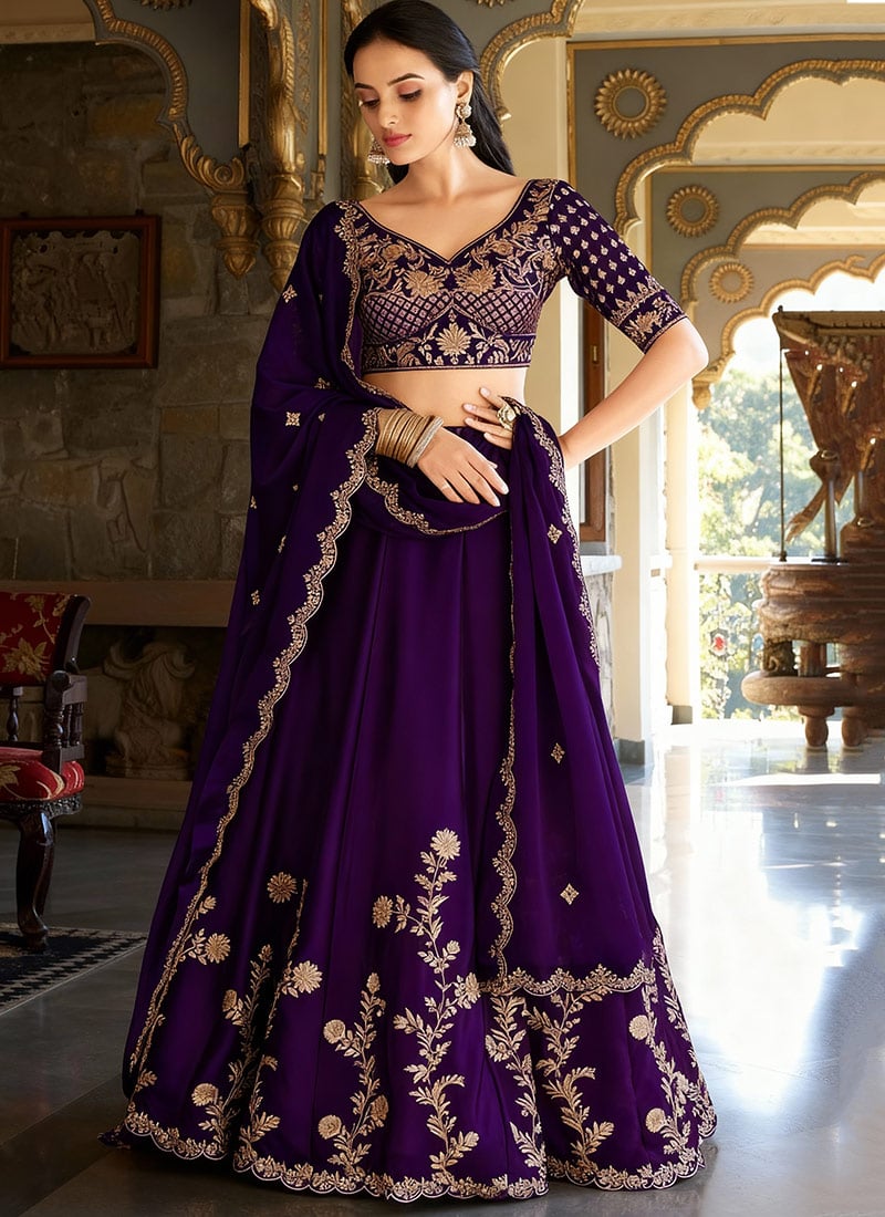 Regal Purple Silk Zari Embroidered Umbrella Lehenga Wedding Wear