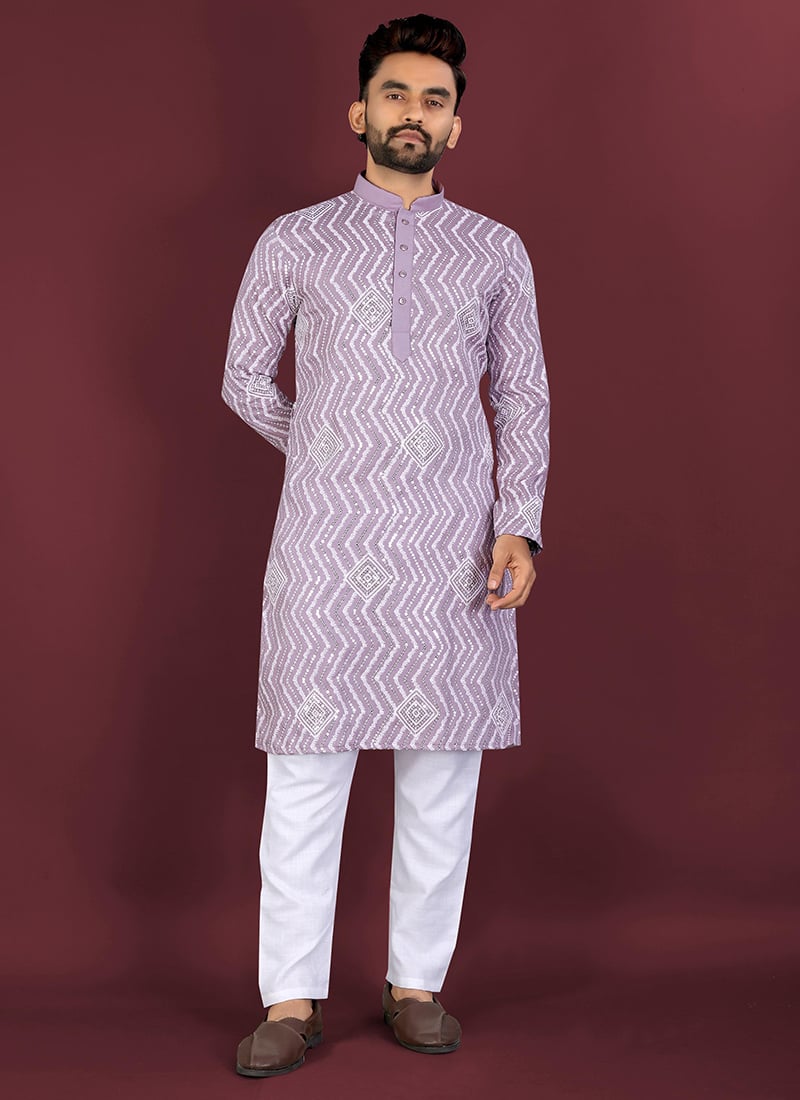 Regal Purple Soft Silk Embroidered Sequins Thread Kurta Pyjama Festive Wear