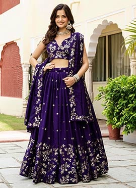 Regal Purple Vichitra Silk Zari Embroidered Sequins Umbrella Lehenga