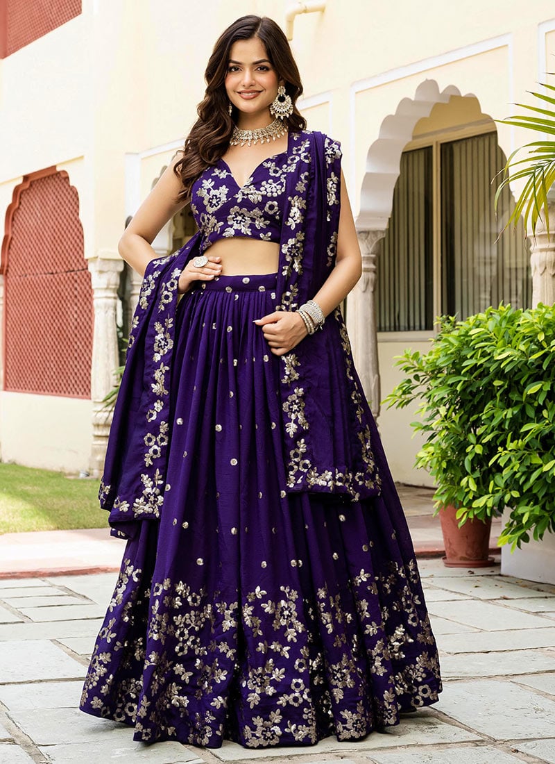 Regal Purple Vichitra Silk Zari Embroidered Sequins Umbrella Lehenga Wedding Wear