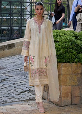 Regal Radiance In Beige Cotton Embroidered Sequins Straight Pant Suit