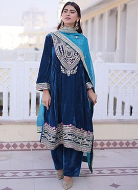 Regal Rama Blue Velvet Sequins Embbroidered Straight Pant Suit