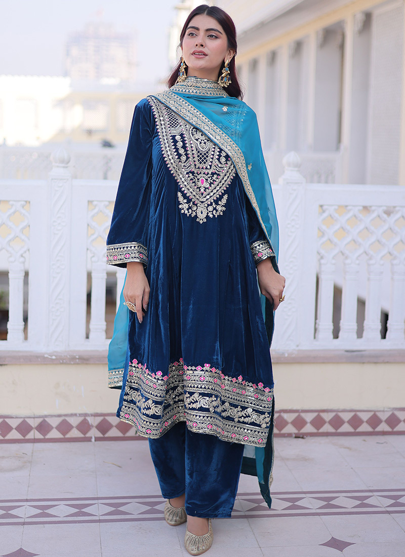 Regal Rama Blue Velvet Sequins Embbroidered Straight Pant Suit Festive Wear