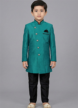 Regal Rama Green Dupion Silk Kids Boys Indowestern Sherwani
