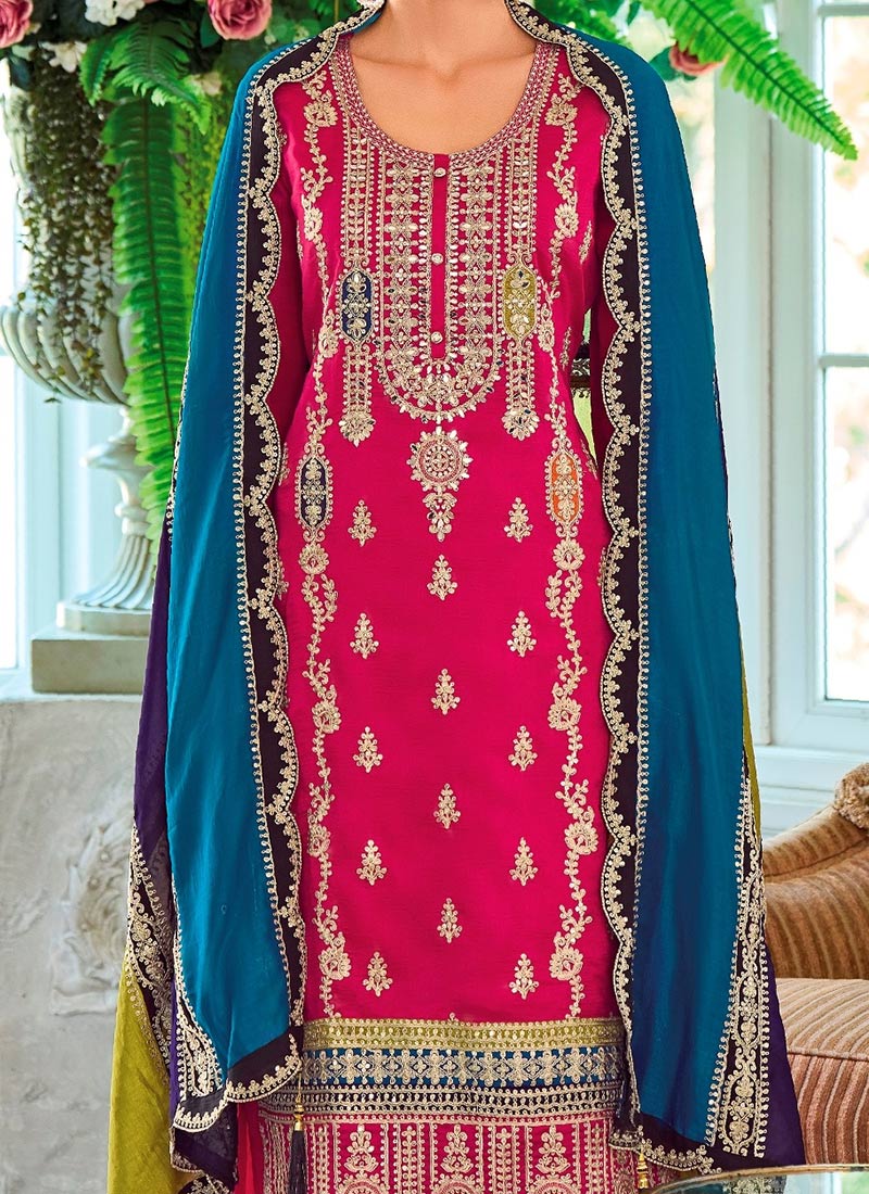 Buy Regal Rani Pink Chinon Zari Embroidered With Stone Sequins ...