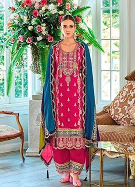 Regal Rani Pink Chinon Zari Embroidered With Stone Sequins Pakistani Palazzo Suit