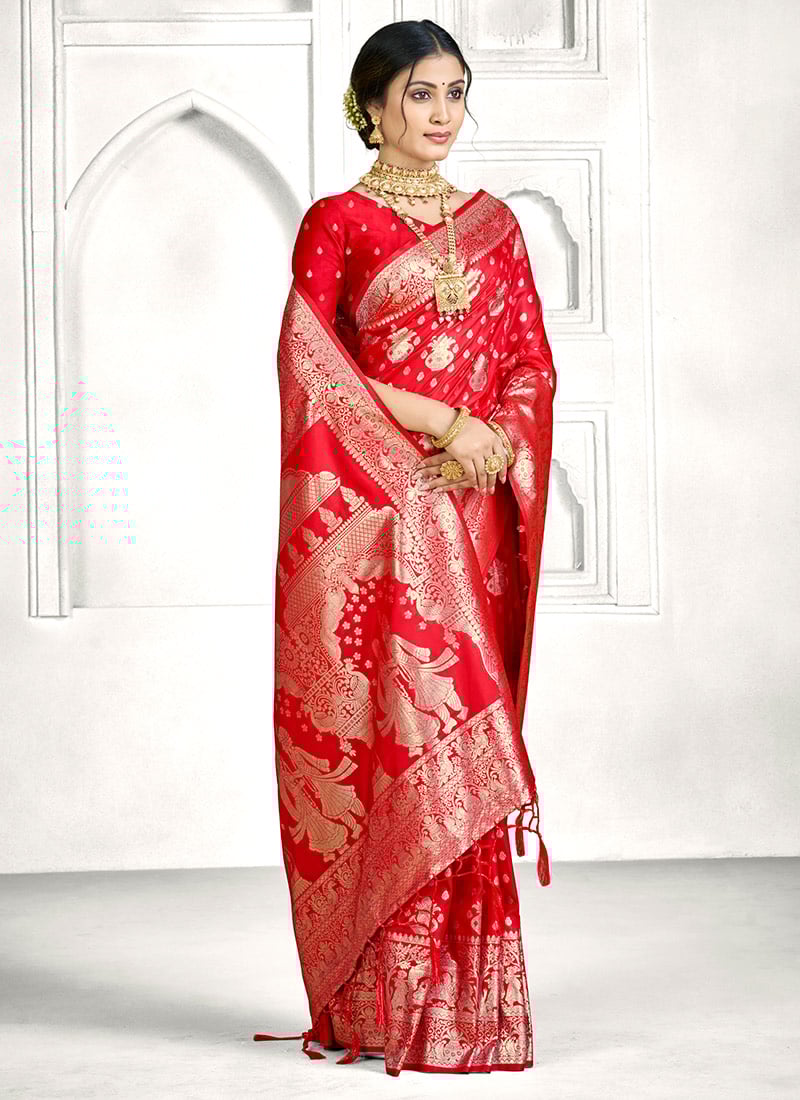 Regal Red Banarasi Silk Zari Woven Saree Festive Wear