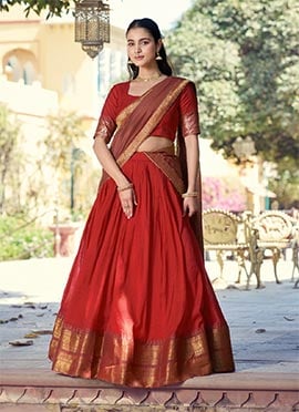 Regal Red Blended Cotton Zari Umbrella Lehenga