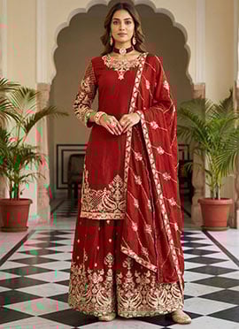 Regal Red Chinon Silk Zari Embroidered Sequins Palazzo Suit
