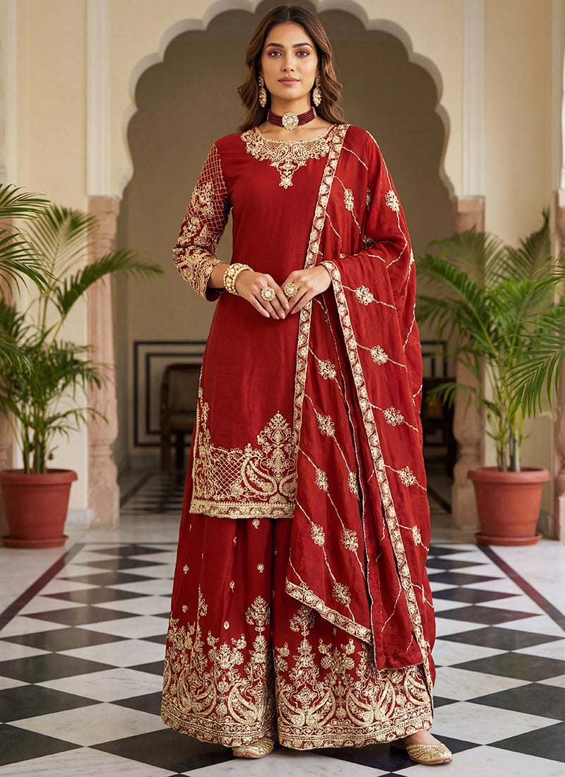 Regal Red Chinon Silk Zari Embroidered Sequins Palazzo Suit Festive Wear