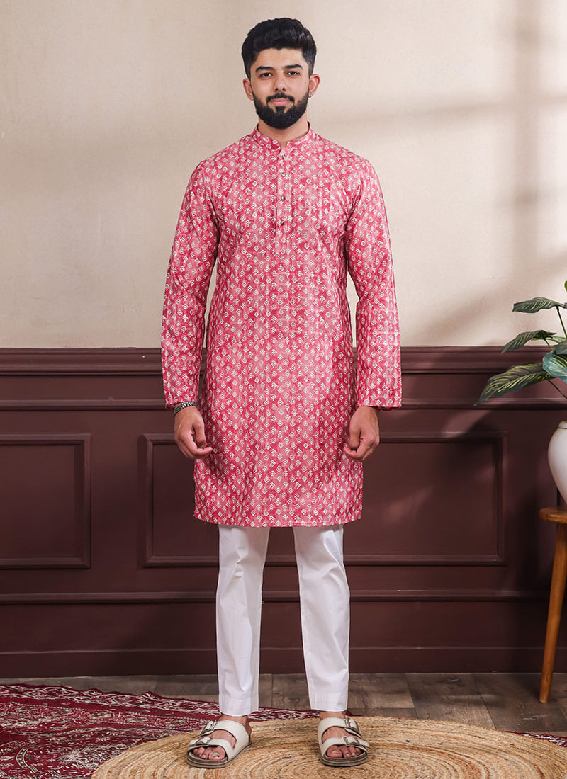 Regal Red Cotton Printed Kurta Pyjama Festive Wear