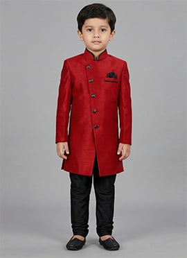 Regal Red Dupion Silk Kids Boys Indowestern Sherwani