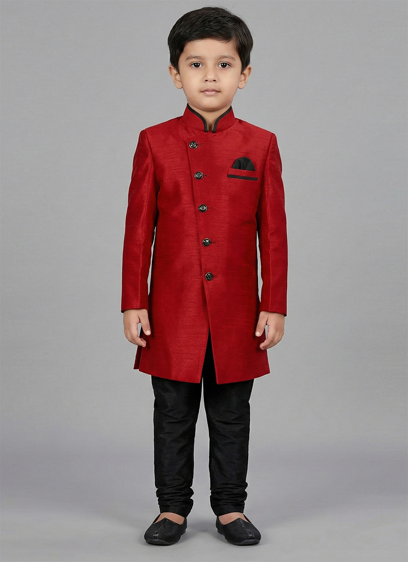 Regal Red Dupion Silk Kids Boys Indowestern Sherwani Festive Wear
