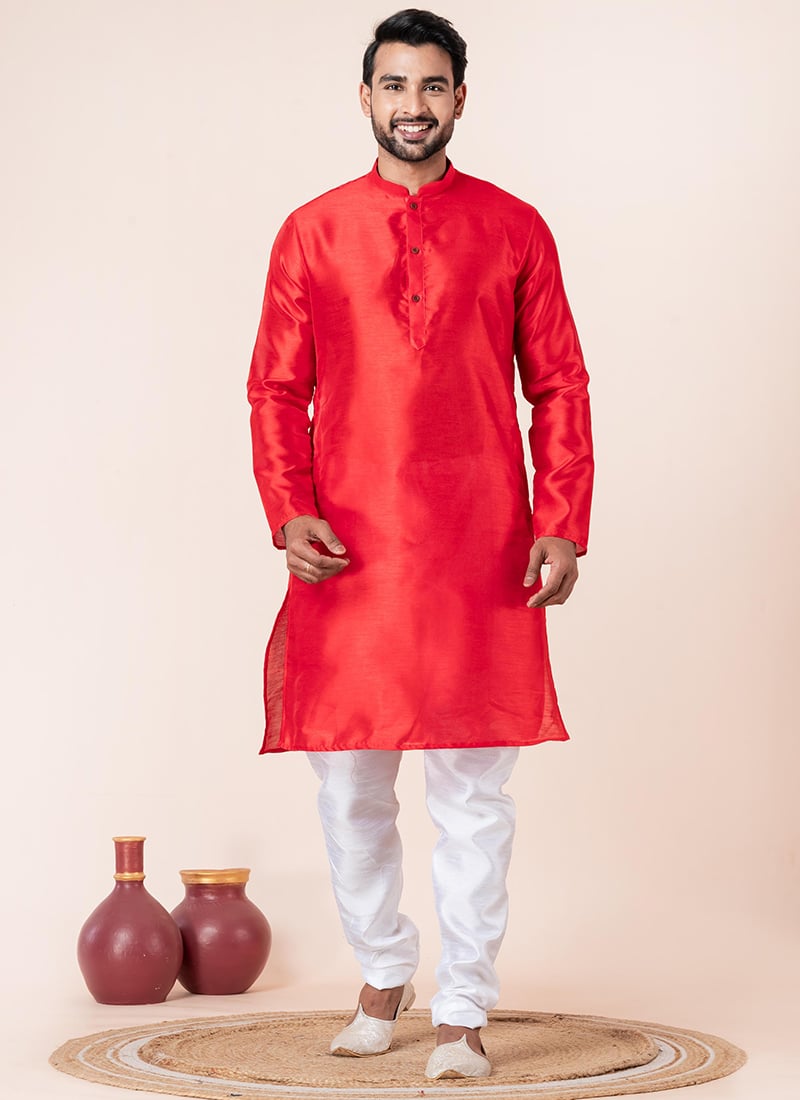 Regal Red Dupion Silk Plain Kurta Pyjama Festive Wear