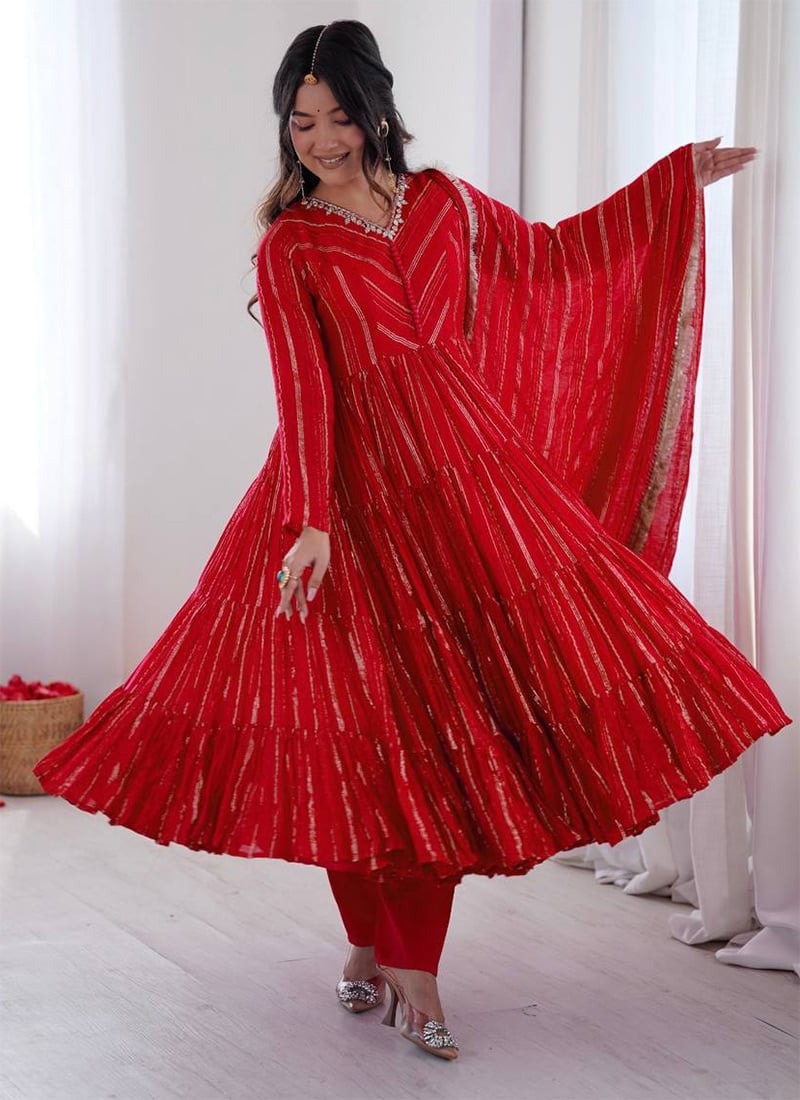 Regal Red Mal Chanderi Silk Mirror Work Printed Anarkali Suit Festive Wear