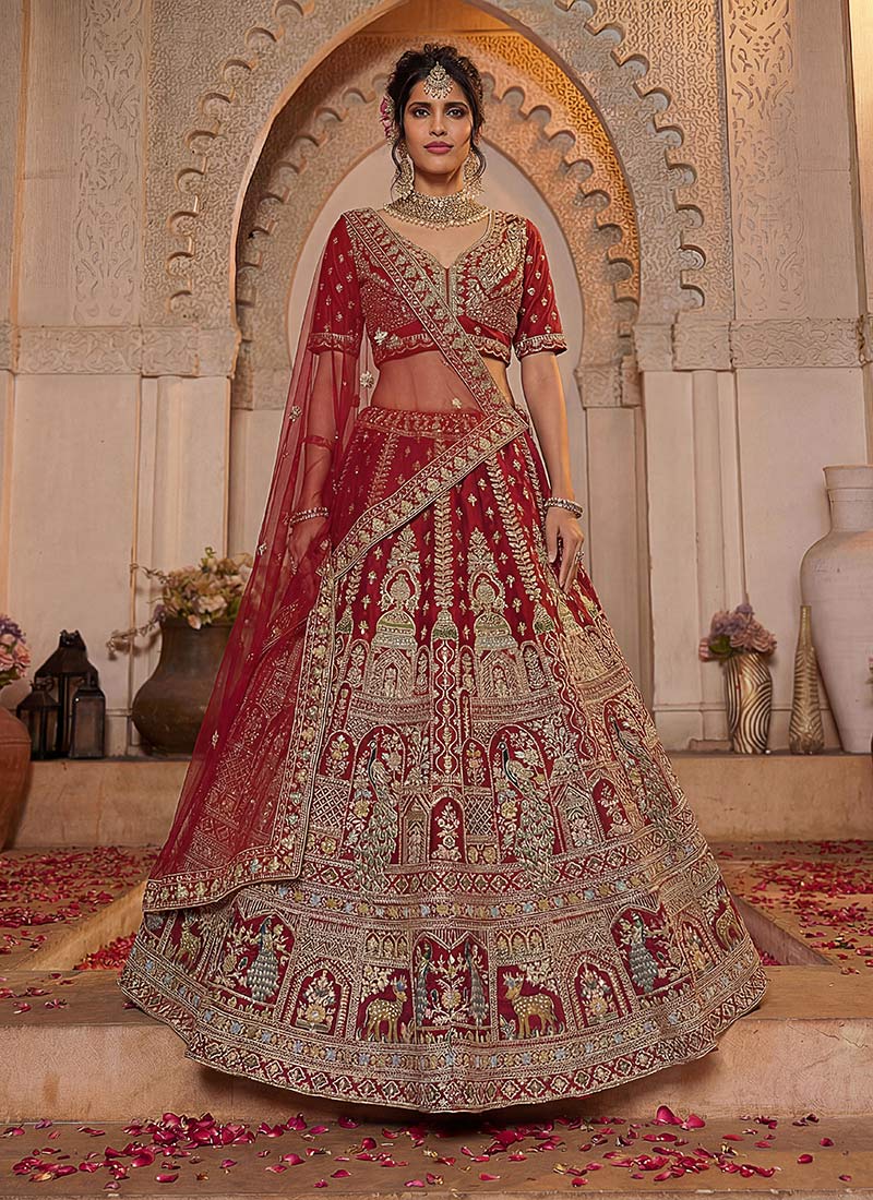 Regal Red Silk Lehenga Set With Zari Embroidery And Sequins Work Wedding Wear