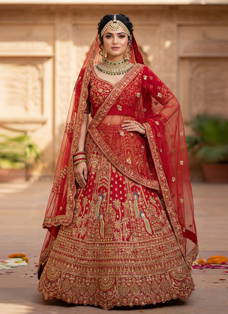 Regal Red Silk Zari Embroidered Sequins Thread Umbrella Lehenga Wedding Wear