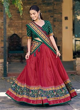Regal Red Tussar Silk Printed Umbrella Lehenga