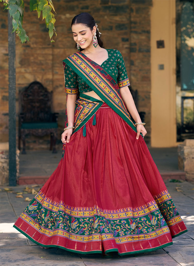 Regal Red Tussar Silk Printed Umbrella Lehenga Festive Wear