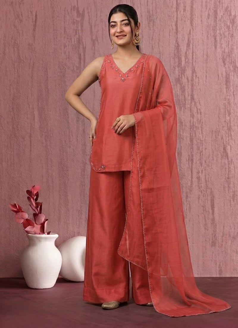 Regal Rust Art Silk Resham Beads Hand Embroidered Palazzo Suit After Six Wear