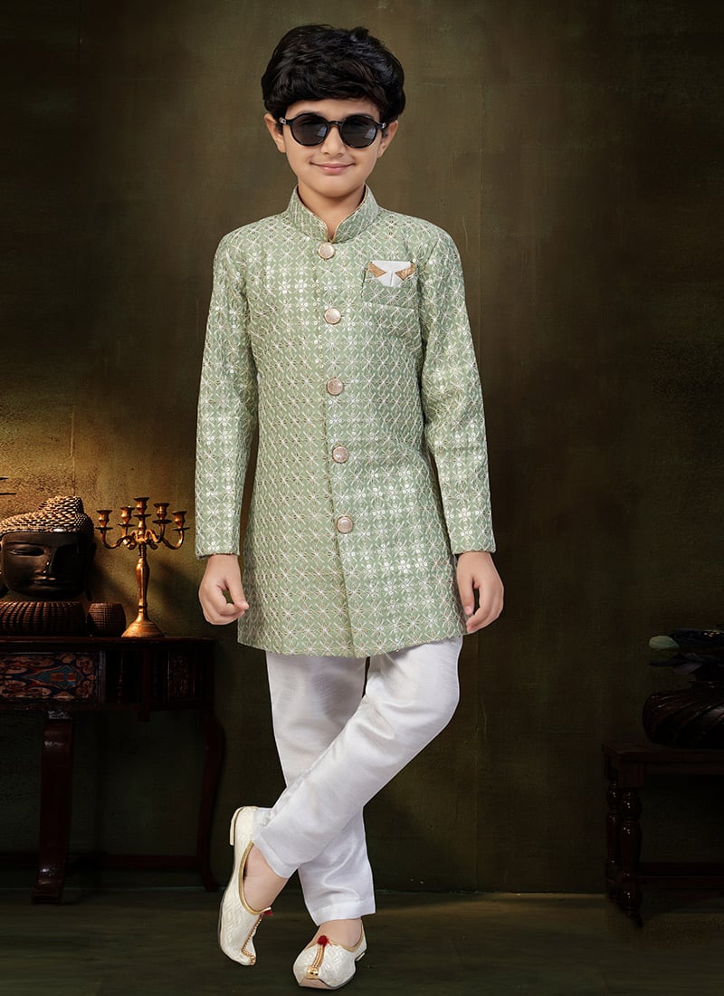 Regal Sea Green Banarasi Silk Jacquard Sequins Kids Boys Indowestern Sherwani Wedding Wear