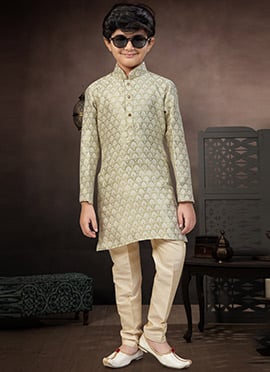 Regal Sea Green Banarasi Silk Jacquard Thread Lace Work Kids Boys Kurta Pyjama