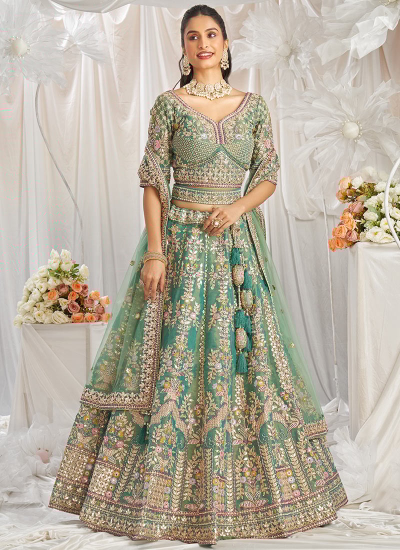 Regal Sea Green Tissue With Moti And Gota Embroidered Sequins Lehenga Wedding Wear