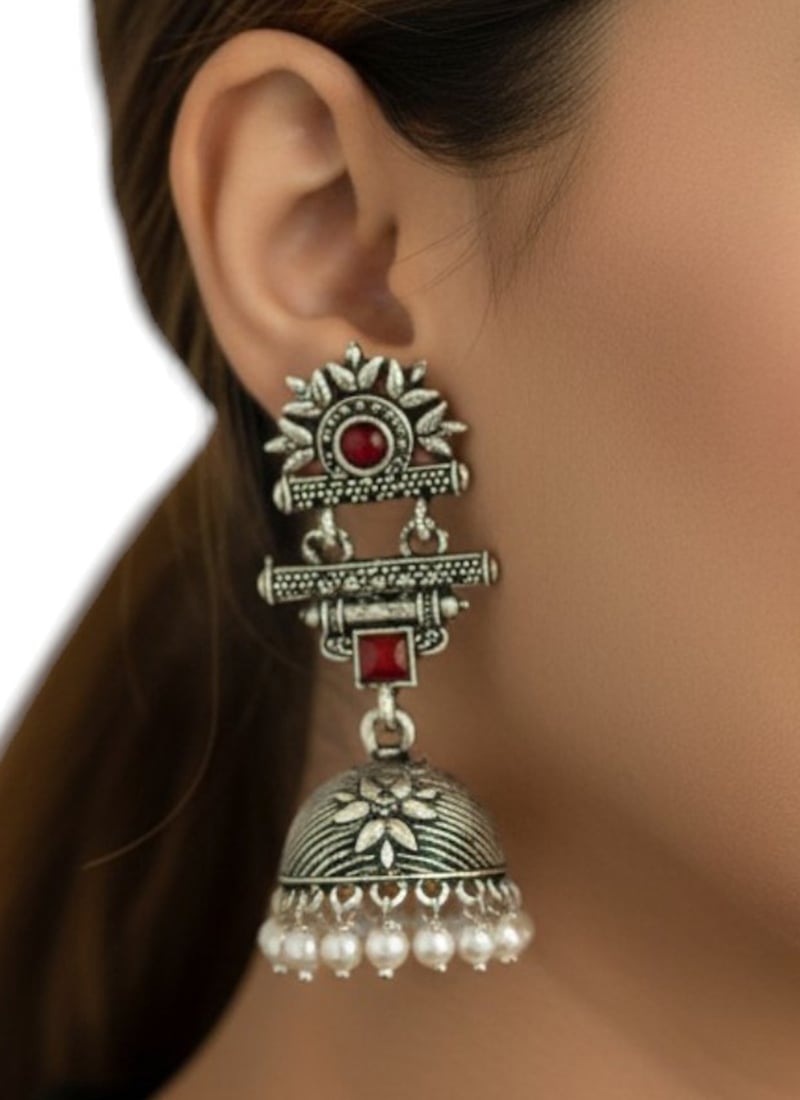 Regal Silver Plated Kundan Moti Oxidised Jhumka Festive Wear