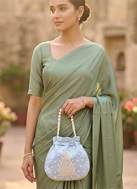 Regal Sky Blue Embroidered Potli Bag With Pearl Bead Work