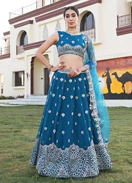 Regal Teal Blue Georgette Zari Embroidered Sequins Lehenga