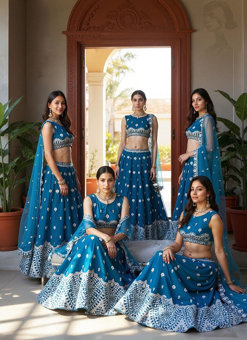 Regal Teal Blue Faux Georgette Zari Embroidered Sequins Lehenga Wedding Wear