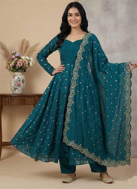 Regal Teal Fendy Silk Embroidered Sequins Anarkali Suit
