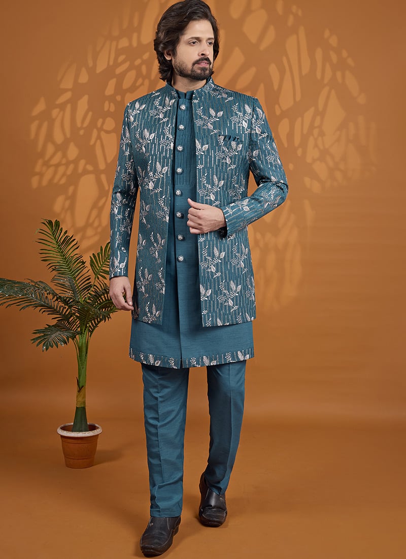 Regal Teal Green Art Silk Indowestern Sherwani Wedding Wear