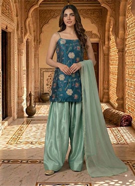 Regal Teal Silk Embroidered Farshi Suit