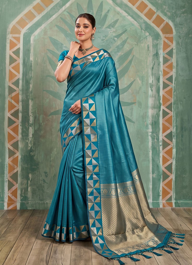 Regal Teal Silk Zari Saree Festive Wear