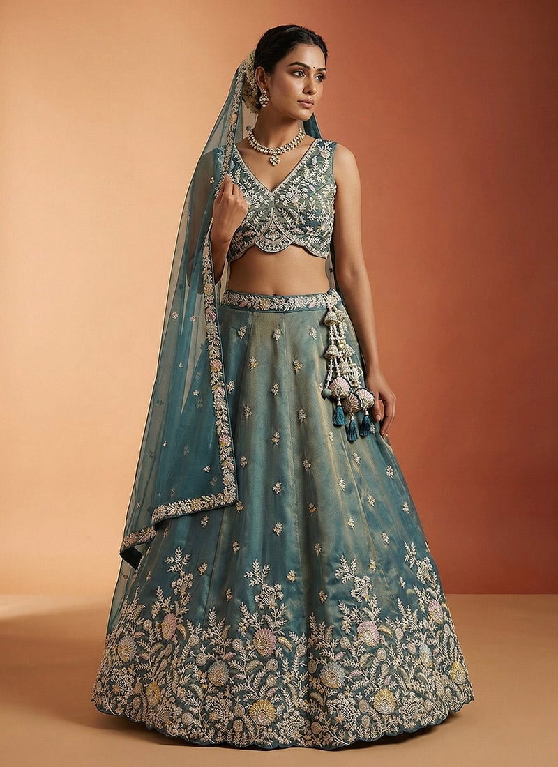 Regal Teal Tissue Embroidered Umbrella Lehenga Wedding Wear