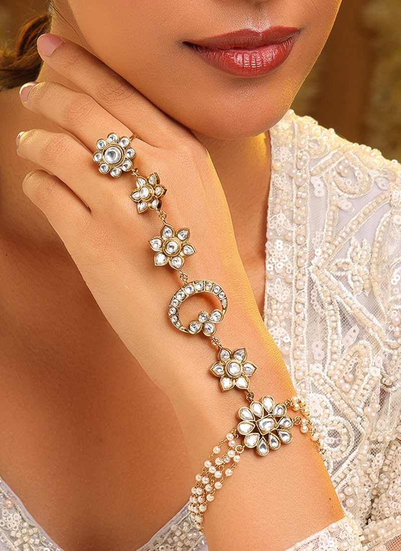 Regal White Brass Kundan Beads Haath Pool Wedding Wear