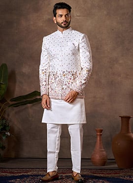 Regal White Premium Silk Embroidered Sequins Thread Bandi Set
