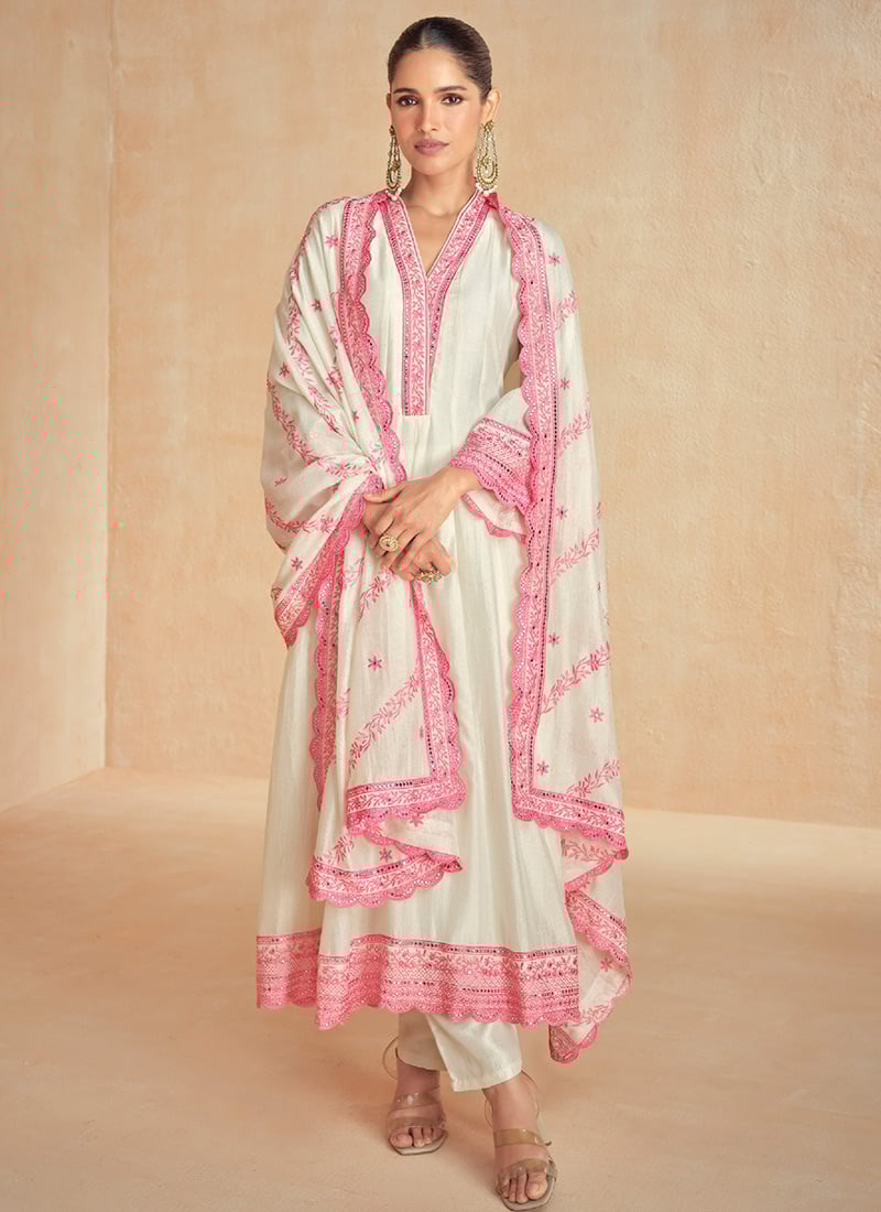 Regal White Silk Embroidered A Line Straight Pant Suit