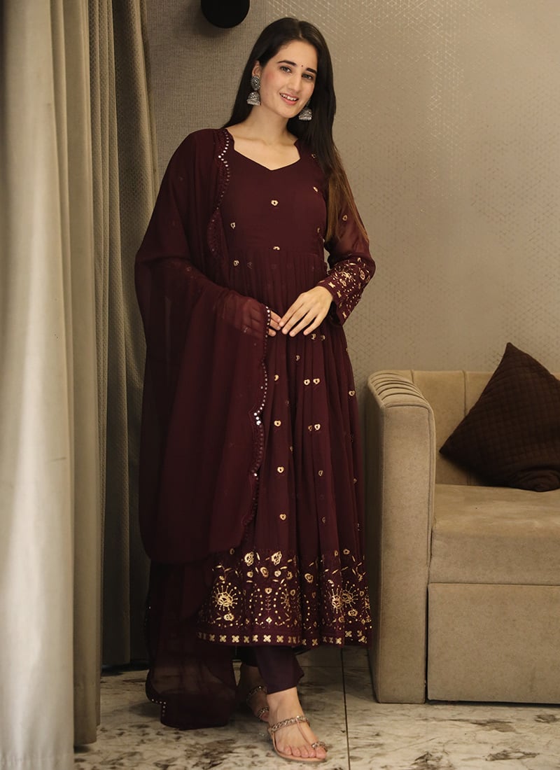 Regal Wine Anarkali Suit With Exquisite Embroidery Work After Six Wear