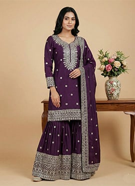 Regal Wine Chinon Embroidered Sequins Sharara Suit