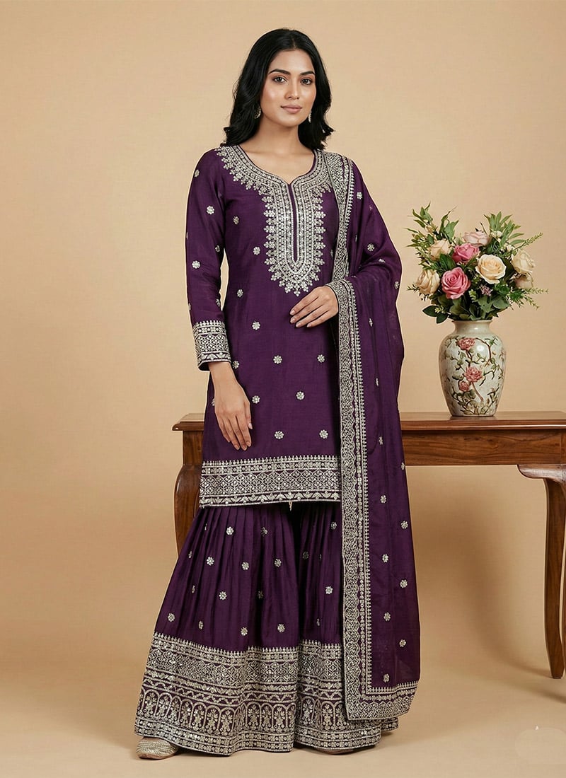 Regal Wine Chinon Embroidered Sequins Sharara Suit Festive Wear