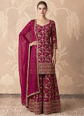 Regal Wine Dola Silk Jacquard Sequins Sharara Suit