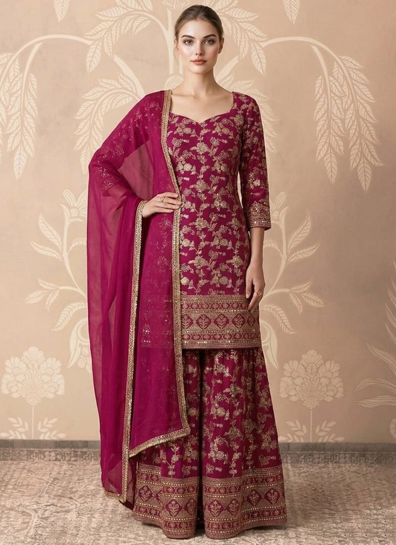 Regal Wine Dola Silk Jacquard Sequins Sharara Suit Festive Wear