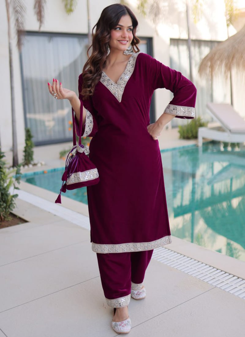 Regal Wine Velvet Beads Mirror Work Kurta Palazzo Set After Six Wear