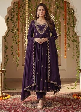 Regal Wine Vichitra Silk Sequins Embroidered Coding Anarkali Suit