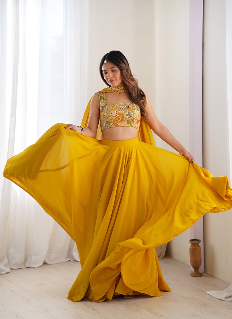 Regal Yellow Georgette Lehenga With Embroidered Sequins Choli Festive Wear