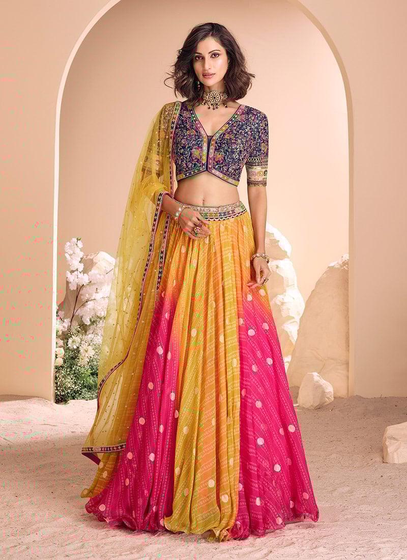 Regal Yellow Jacquard Silk Bandhini Print Embroidered Sequins Lehenga Wedding Wear