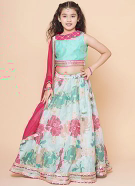 Resplendent Silk Printed Kids Girls Umbrella Lehenga